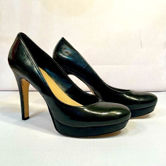 BLACK PLATFORM LEATHER PUMPS WITH 5” HEEL BY CALVIN KLEIN SIZE 10 - Picture 1 of 6